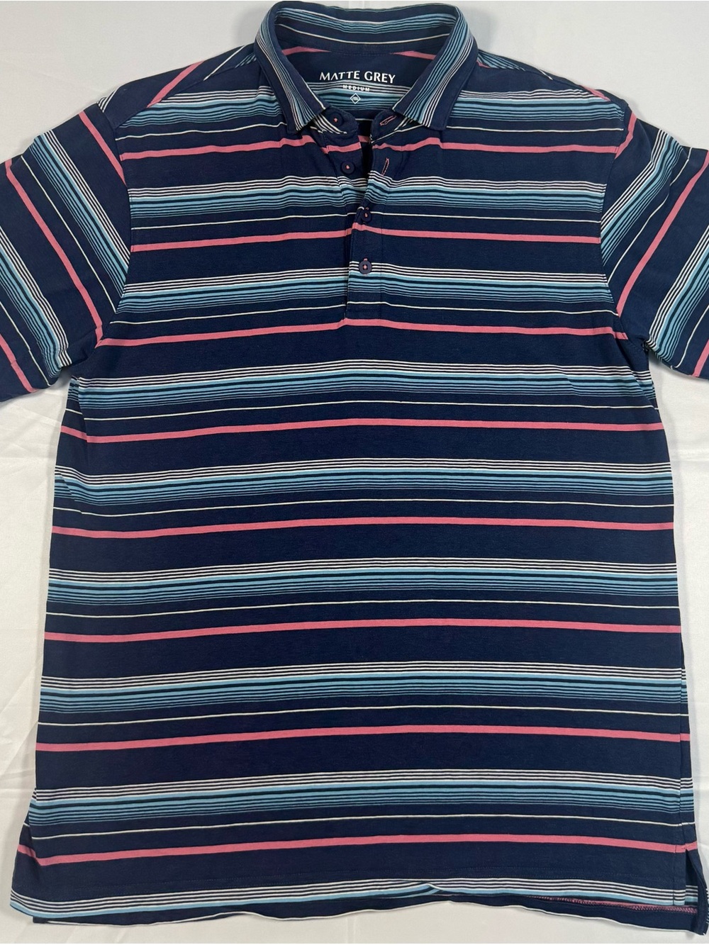 Matte Grey Men's Navy Stripe Polo with Pink & Light Blue Accents - M